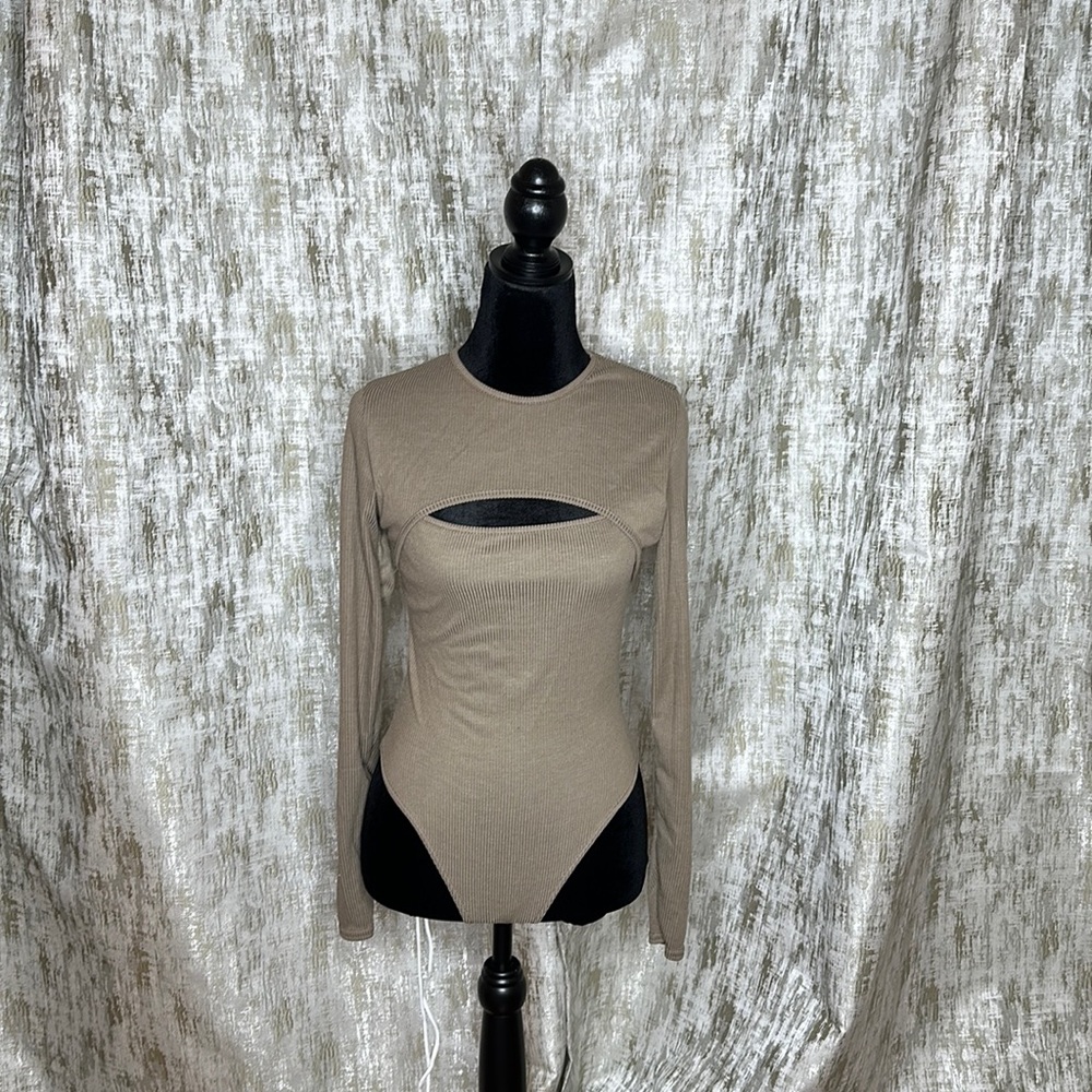 Taupe Rib Cut Out Neck Long Sleeve Bodysuit